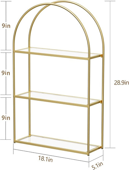 Crofy Gold Arched Frame Wall Shelf, Decorative 3 Tier Bathroom Wall Shelf with Transparent Tempered Glass Shelves and Robust Storage Capacity, 5.1" D x 18.1" W x 28.9" H