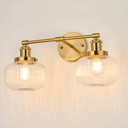 2-Lights Gold Bathroom Vanity Light, Industrial Hardwired Double Sconce Over Mirror with Clear Ribbed Globe Glass Shades, E26 Base Light Fixture for Bathroom Bedroom Hallway Farmhouse Decor