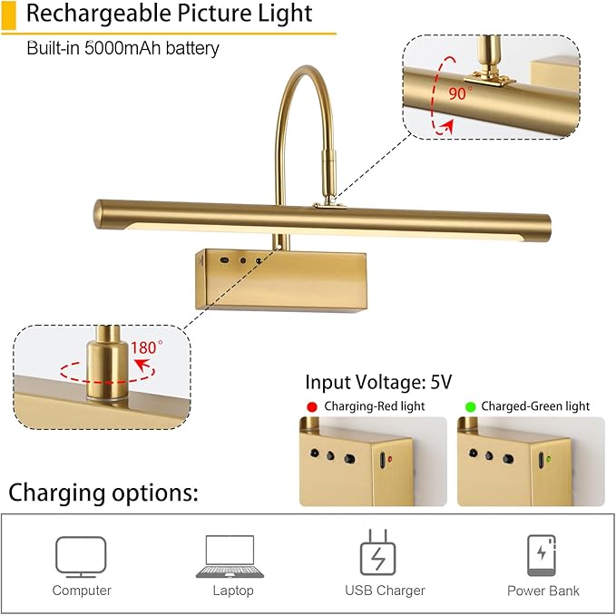Picture Light for Wall with Remote,Brass Rechargeable Art Light,Wireless Battery Operated Wall Sconce, 3 Color Modes,16" Painting Light Over Picture Frame,Artwork,Photos,Gallery