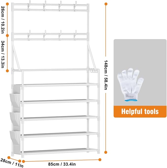 OYREL Shoe Rack 5 Tier Shoe Racks Organizer 20-25 Pairs Shoes Rack for Closet Entrance Shoe Storage Shelf with Hooks and Side Pocket Entryway Shoe Holder Space Saving Free Standing Shoe Racks