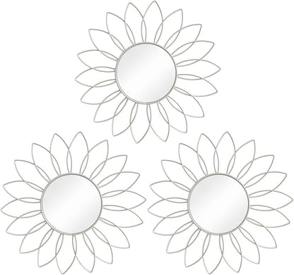 3 Pack Metal Mirrors for Wall Sunburst Wall Mirrors Home Décor Decorative Hanging Wall Art for Living Room Bedroom Entryway (White, Flowers)