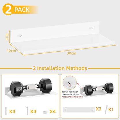 Floating Shelves for Wall 11.8Inch, Metal Adhesive Wall Shelves Set of 2, Modern Floating Shelf Mounted Display Storage for Bedroom, Living Room, Bathroom, Kitchen, Office