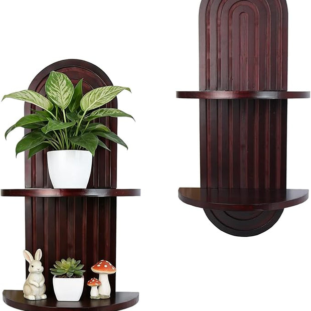 Plant Wall Shelves with Arched Wooden Design, Mid Century Modern Decor Floating Shelf Set of 2 - Boho Wall Decor for Indoor Plants Living Room Bathroom Office, 23.6 x 11.8 Inches