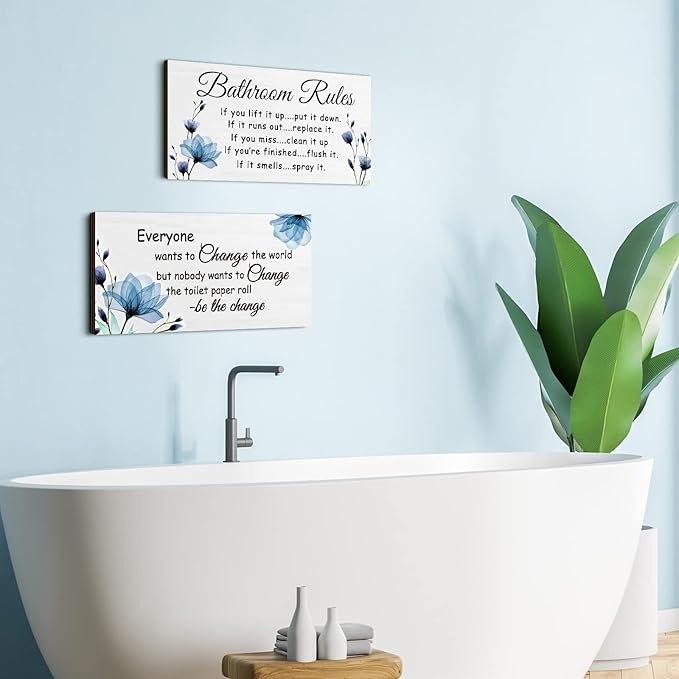 Jetec 2 Pieces Funny Bathroom Signs Bathroom Wall Decor Toilet Wall Accessories Farmhouse Toilet Rustic Wooden Signs, 12x6 Inch(Blue Floral)