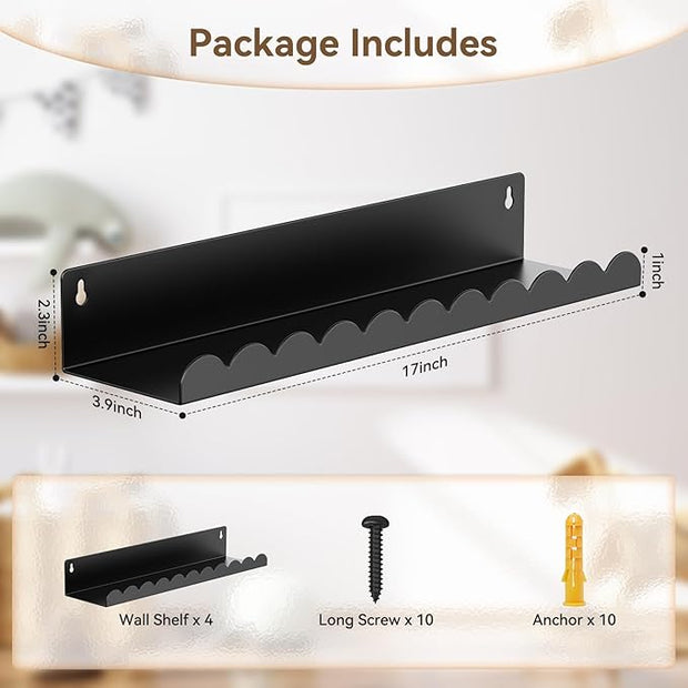 Nursery Book Shelves, 17 Inch Metal Floating Shelves for Wall 4 Pack, Scalloped Shelves, Wall Mounted Book Shelf for Kids Bedroom, Baby Room, Nursery Decor （Black）