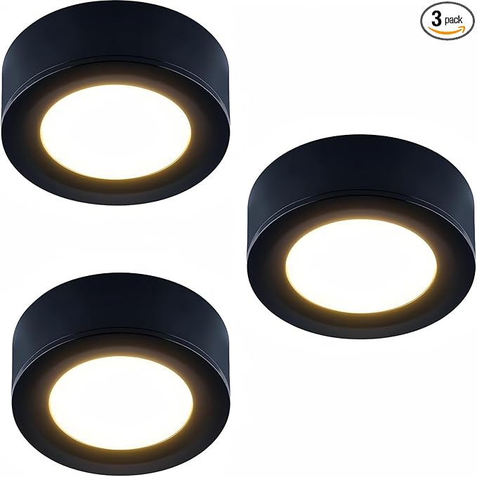 LUMILAND Wired LED Puck Lights (2.7Wx3) Plug-in Lighting Natural White (4000K), LED Cabinet Light for Kitchen Can Be Surface Mount or Recess Mount, Black