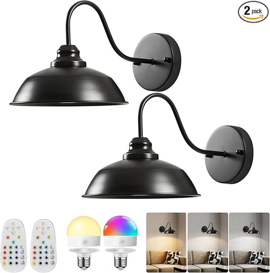 Black Wireless Wall Sconces Set of Two Battery Operated Wall Lights with Remote and Dimmable Bulbs Rechargeable Vintage Gooseneck Wall Lamp for Bedroom, Living Room, Farmhouse