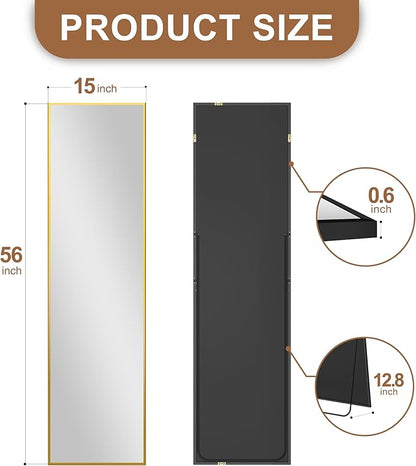 Delma Full Length Mirror,Large Floor Mirror with Aluminum Frame for Bedroom, Bathroom, Living Room,Wall Mount or Freestanding Design(with Stand,Rect 56x15-Gold)