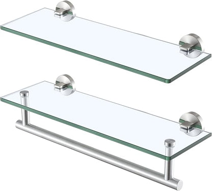 KES Glass Shelves for Bathroom, 16-Inch Glass Floating Bathroom Shelf with Bar 2 Pack Wall Mount SUS 304 Stainless Steel Brushed Finish, A2022S41-2-C1