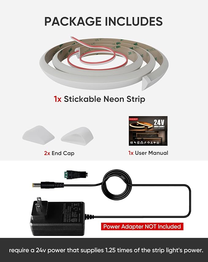 Shine Decor Under Cabinet Lighting Strip, Free Cuttable LED Silicone Neon Rope Hardwired 24V Anti-Glare Bright Cozy 504 Lumen for Indoor, Adhesive White Shell 2700K Warm 24” UL Certified, No Adapter