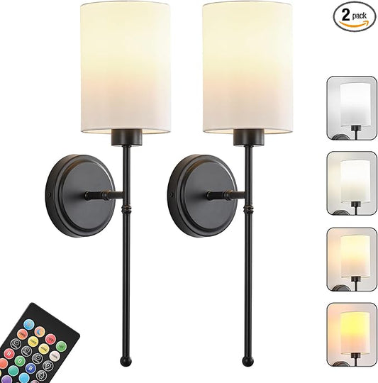 Battery Operated Wall Sconce Set of Two, Black Wireless Rechargeable Wall Light with Remote Control, Dimmable, Amber/Warm/Natural/Cool White,RGB, Battery Power Sconces for Living Room Bedroom