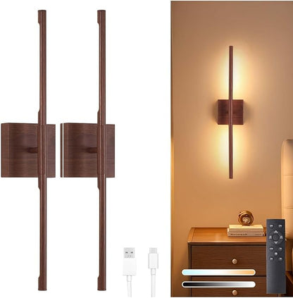 Battery Operated Wall Sconce Set of 2, 8000mAh Rechargeable Wall Sconces, 3000K-6000K Dimmable, 350°Rotate, Indoor Wall Lights for Bedroom Living Room Bathroom, Black Walnut, 23.6 Inch