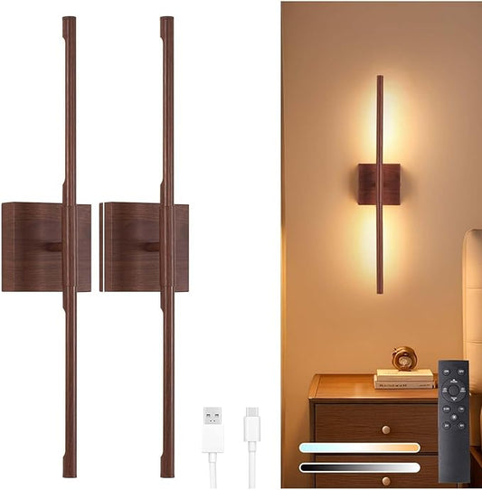Battery Operated Wall Sconce Set of 2, 8000mAh Rechargeable Wall Sconces, 3000K-6000K Dimmable, 350°Rotate, Indoor Wall Lights for Bedroom Living Room Bathroom, Black Walnut, 23.6 Inch