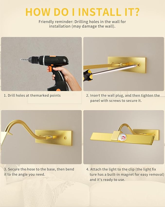 16 Inch Dimmable Picture Light, Gold LED Art Painting Wall Light with Remote Control & Timer, 3 Color Temperatures, Battery Operated Wall Sconce for Framed Pictures (Golden, 16 INCH)