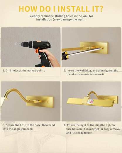 16 Inch Dimmable Picture Light, Gold LED Art Painting Wall Light with Remote Control & Timer, 3 Color Temperatures, Battery Operated Wall Sconce for Framed Pictures (Golden, 16 INCH)