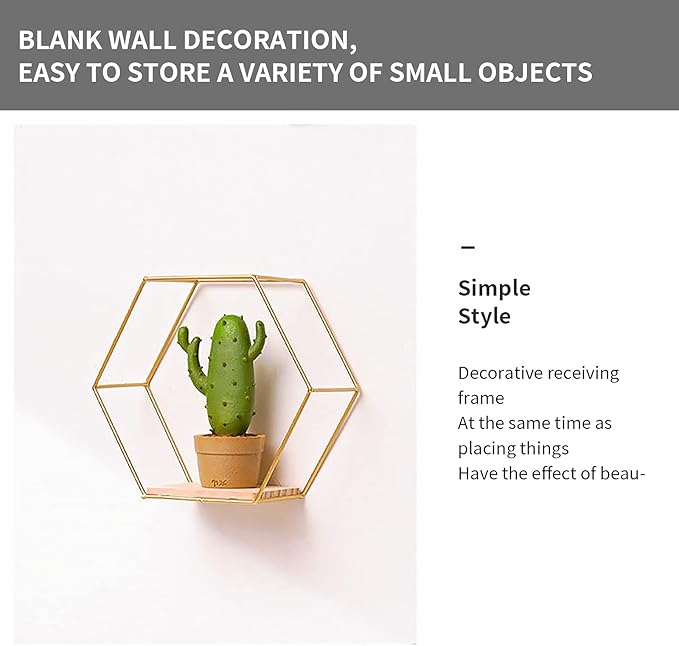 Wall Mounted Hexagonal Floating Shelves Set of 3 in Different Sizes, Modern Metal Wall Shelf, Simple Wood Partition Storage Shelves, Decor Rack for Bedroom, Living Room, Kitchen and Office