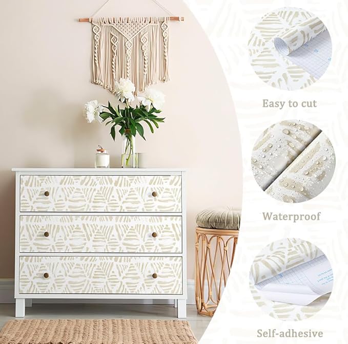 Peel and Stick Wallpaper Boho Wallpaper Geometric Beige and White Contact Paper Modern Striped Self-Adhesive Removable Wall Paper for Bedroom Cabinets Drawers Vinyl Roll 17.3" x 78.7"