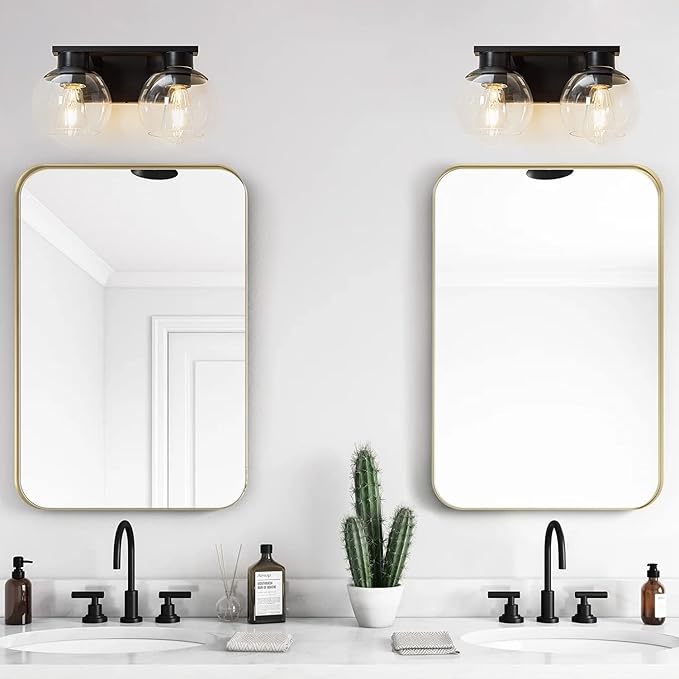 PAZALA 2-Lights Black Bathroom Vanity Lights, Modern Bathroom Lighting Fixtures with Globe Glass Shade, 14in Matte Black Wall Lamp for Bath Over Mirror Kitchen Living Room Hallway Cabinet Porch