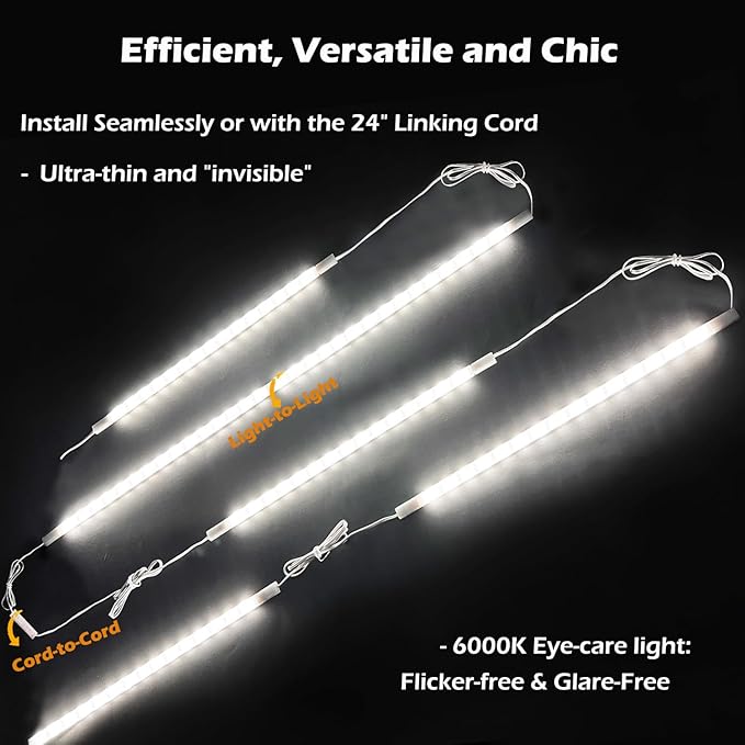 Cefrank Cabinet Lighting 6-Pack 12 inch Seamlessly Linkable Strip Light Bars for Cabinet, Kitchen, Shelf, Workbench, Cupboard Lighting, 1200 Lumen Cold White 6000K
