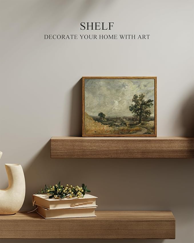 InSimSea Framed Canvas Print Art, Vintage Countryside Landscape Painting, Rustic Farmhouse Cottage Decor for Hallway Wall Floating Shelf Desk Vanity Fireplace,10x8 in, Earth Tones