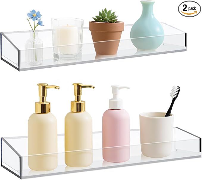 Acrylic Bathroom Shelves Set of 2,15" Thick Wall Mounted Floating Shelves -Transparent Shower Organizer Storage and Display Shelving Clear Adhesive Wall Rack for Bedroom,Kitchen,Ofiice,Living Room