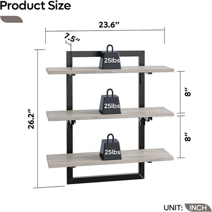 Bestier Floating Shelves for Wall, 24 inch Kitchen Shelves Wall Mounted, 3 Tier Coffee Bar Shelf with Foldable Brackets, Industrial Display Shelf for Bathroom, Living Room, Retro Grey