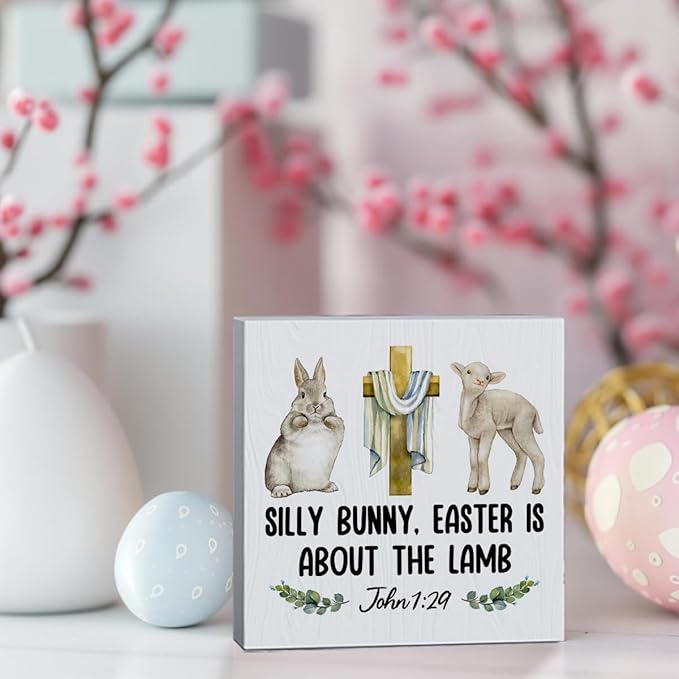 Religious Easter Decorations Christian Easter Decor Rustic John 1:29 Spring Decor Bible Verse Wooden Box Sign for Home Office Bedroom Living Room Desk Shelves