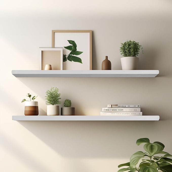 Floating Shelves 36 Inches Long, Set of 2 Solid Rustic Wood Wall Mounted Shelves, Wall Picture Ledge Shelf with Invisible Metal Brackets for Living Room, Bedroom, Bathroom, White