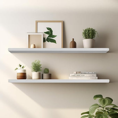 Floating Shelves 36 Inches Long, Set of 2 Solid Rustic Wood Wall Mounted Shelves, Wall Picture Ledge Shelf with Invisible Metal Brackets for Living Room, Bedroom, Bathroom, White