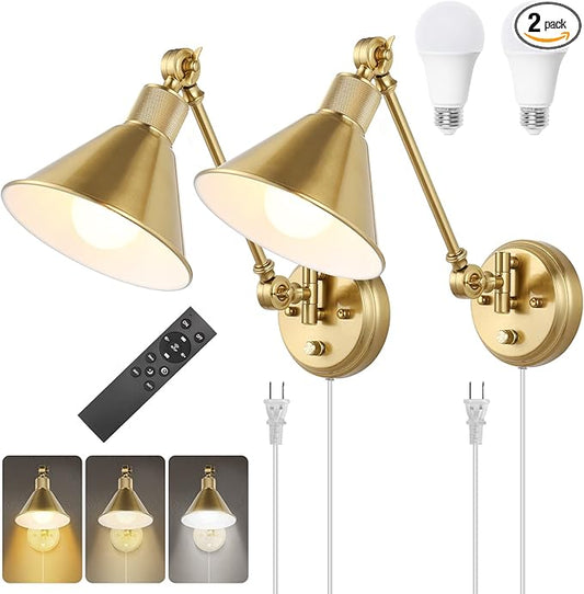 TRLIFE Dimmable Wall Sconce with Remote Control, Brushed Brass Plug in Wall Sconces Adjustable Color Temperature 2700K-6000K, Swing Arm Wall Lights with Plug in Cord, UL Listed(2 Pack, 2 Bulbs)