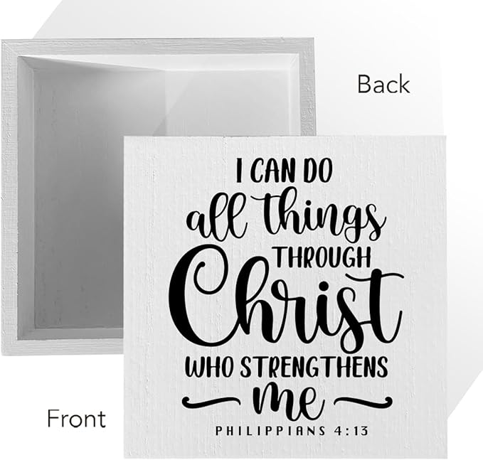 I Can Do All Things Through Bible Verse Artwork Wood Box Sign Rustic Farmhouse Style Philippians 4 : 13 Christian Wood Block Plaque 5 X 5 Inches Home Office Desk Sign Decor for Presents