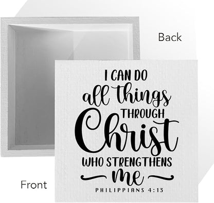 I Can Do All Things Through Bible Verse Artwork Wood Box Sign Rustic Farmhouse Style Philippians 4 : 13 Christian Wood Block Plaque 5 X 5 Inches Home Office Desk Sign Decor for Presents