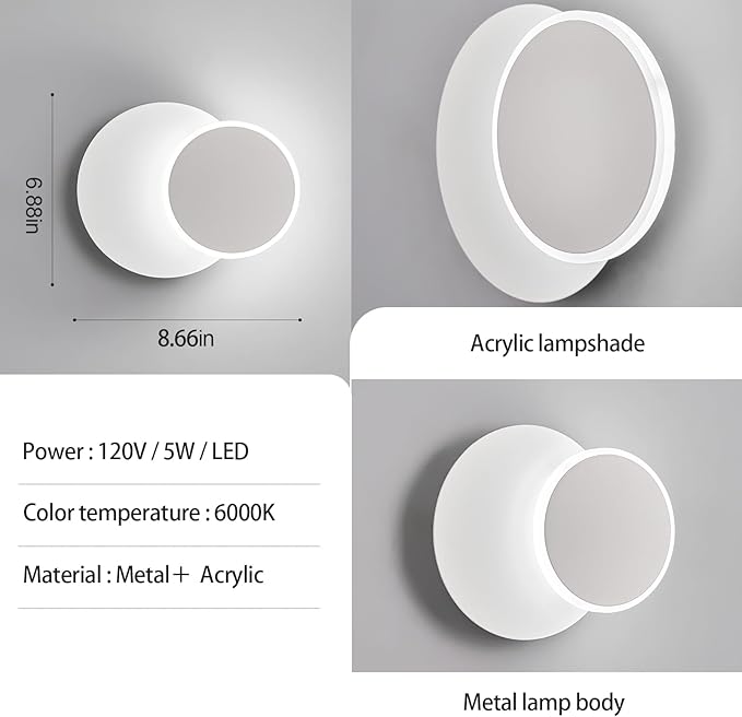 Modern LED White Wall Sconces Set of Two Acrylic Wall Lights Lighting Fixture 6000K White Light 8W Dimmable Wall Lamp Round Sconces Wall Lighting for Indoor Bedroom Bedside Hallway