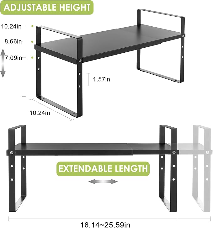 Expandable Cabinet Shelf Organizer Rack, Stackable Kitchen Counter Storage Shelves Stand, Adjustable Height Pantry Shelf Spice Rack