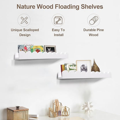 Floating Nursery Book Shelves, Scalloped Shelves for Kids Room 20 Inches, Nursery Bookshelf for Wall Set of 2, Nursery Shelves for Wall Wood, White