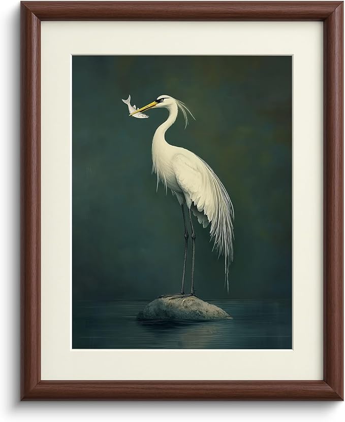 InSimSea Framed Canvas Wall Art with Mat, Vintage Heron Animal Wall Art for Living Room Bedroom Office, Retro Bathroom Prints Artwork Pictures, Home Decor Aesthetic, 11x14 Inch(Walnut)