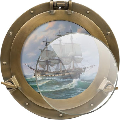 20 Inch Nautical Wall Window – Large Brass Porthole Window, Nautical Wall Art Ship Decor, Antique Brass Round Porthole with Clear Glass for Coastal & Sailing Décor