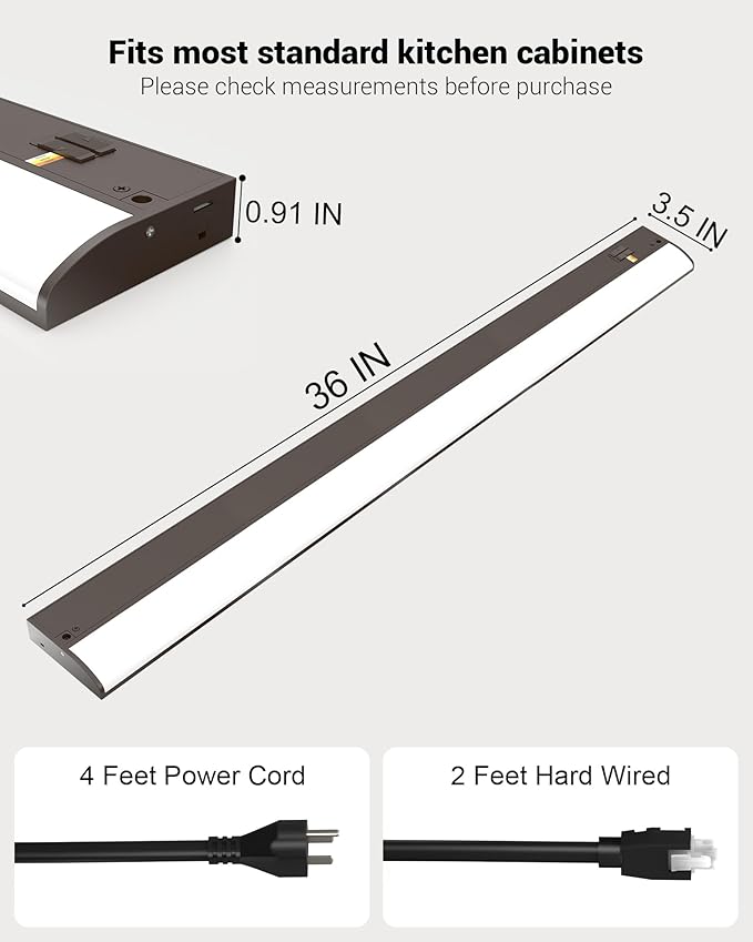 36 Inch LED Under Cabinet Light, Plug in Kitchen Lighting, 3CCT Selectable (3000K/4000K/5000K), CRI94 High Color Accuracy, Linkable, Slim Design Dimmable, Brown