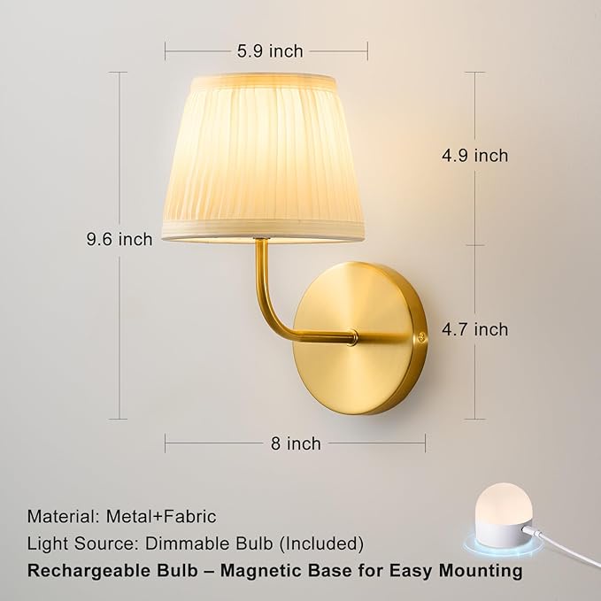 Rechargeable Wall Sconces Set of 2 - 5200mAh Cordless Battery Operated Wall Sconce - Fabric Lamp Shade - Gold Brass LED Light Fixture with Remote for Bedroom Bedside Living Room Stairway Hallway Porch