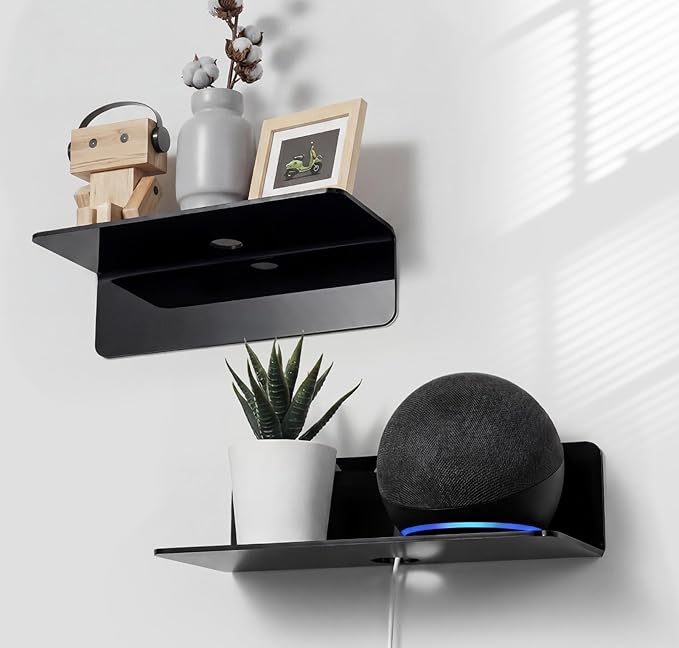OAPRIRE Acrylic Floating Wall Shelves Set of 2, Damage-Free Expand Wall Space, Small Display Shelf for Smart Speaker/Action Figures with Cable Clips