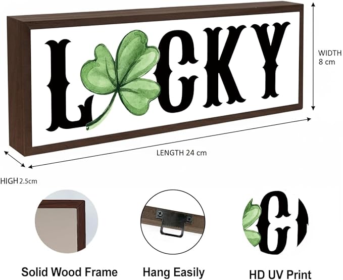 Lucky Wood Sign, Lucky Shamrocks Wooden Block Signs, Rustic Tabletop Decors, Happy St. Patrick's Day Decoration for Home Office, Housewarming Decor, Irish Gift for Women Men, 9.5x3.1x1 inches