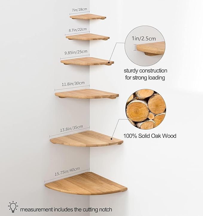 Corner Shelf Wall Mount, 7inch Oak Wood Floating Corner Shelf Round End Small Corner Nightstand Plant Shelf Wall Mount for Kitchen, Living Room, Bedroom