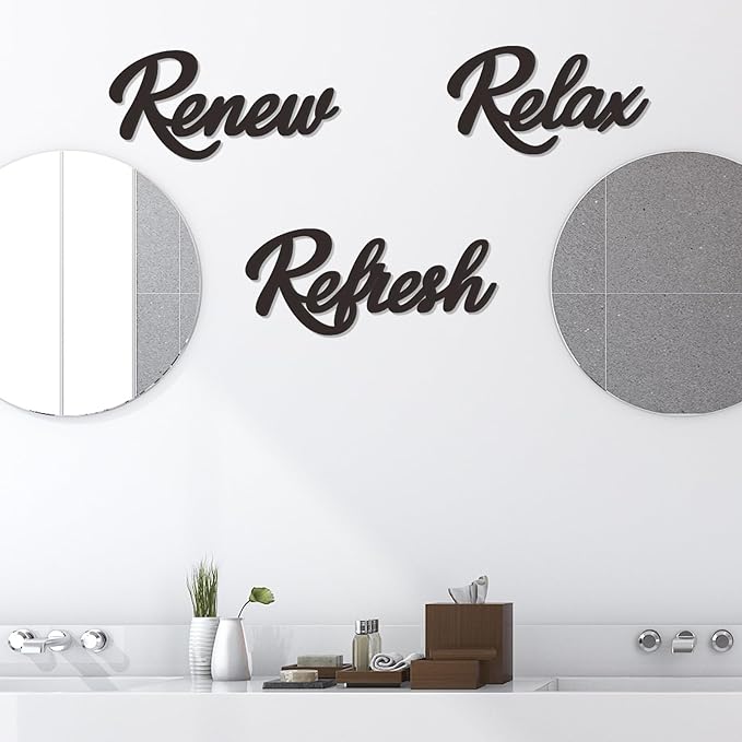 3 Pieces Bathroom Decor Wooden Bathroom Sign,Relax Renew Refresh Sign (Black-large)