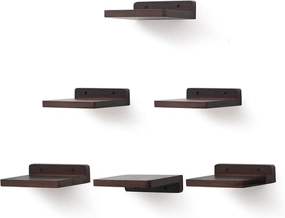Small Floating Shelf, 5x6 Inch Display Ledges for Wall,Mini Shelves,Rustic Wood Shelf for Bedroom Living Room Bathroom Kitchen (6, Dark Walnut)