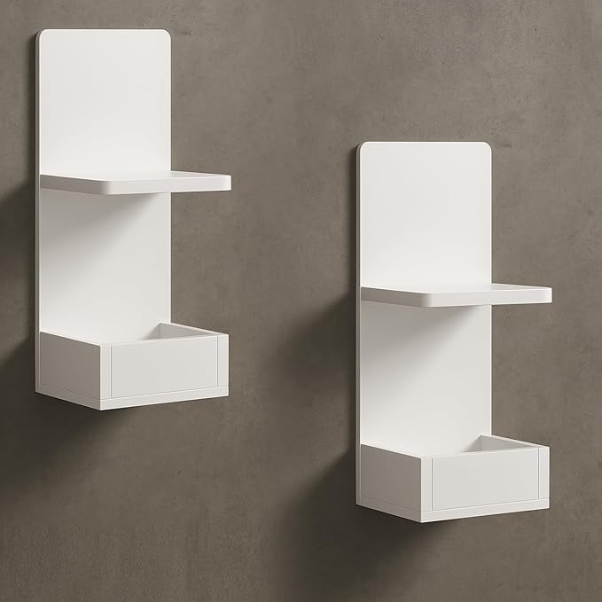 2-Tier White Floating Wall Shelf, 20x8x6 Wall-Mounted Wooden Beside Shelf/Nightstand for Home Décor, Plants, Cosmetics, Bathroom, Kitchen, Bedroom Storage (White with Box)