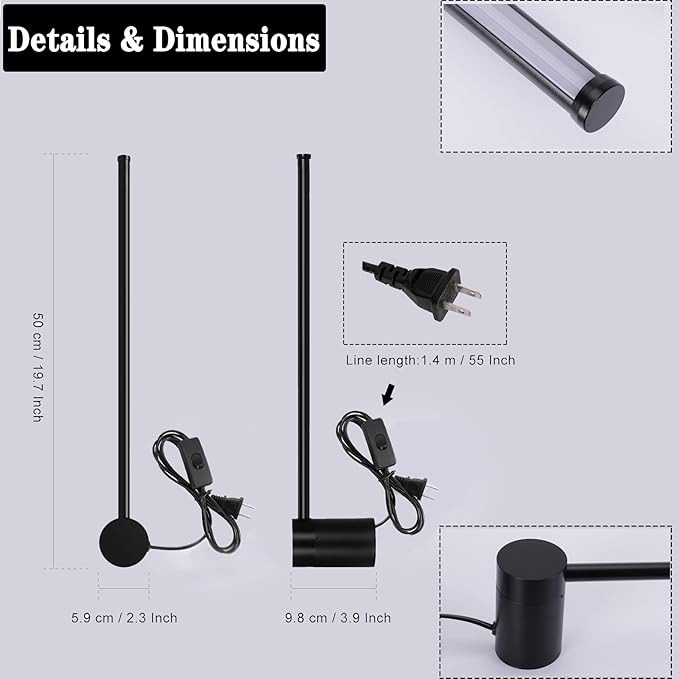 Kawell 19.7 Inch Rotatable LED Wall Sconce 12W Plug in Wall Light Bar with Switch Modern Black Linear Lamp for Bedroom Living Room Office, Cold White