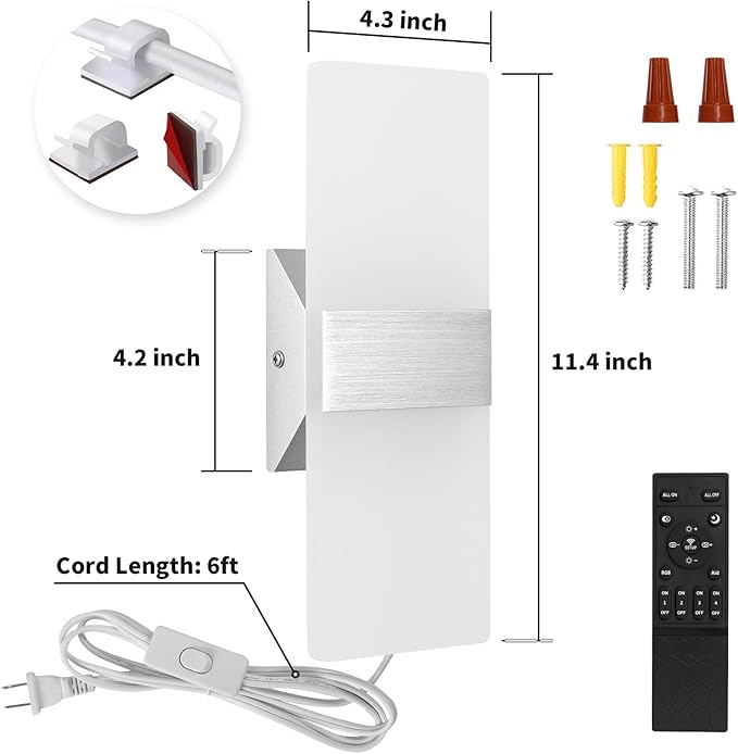 Plug in Wall Sconces with Stepless Adjustable 3000K-6500K Colors and 10%-100% Brightness, Sconces Wall Lighting with Remote Control 12W Acrylic LED Wall Lamp with 6FT Plug in Cord, 1 Pack