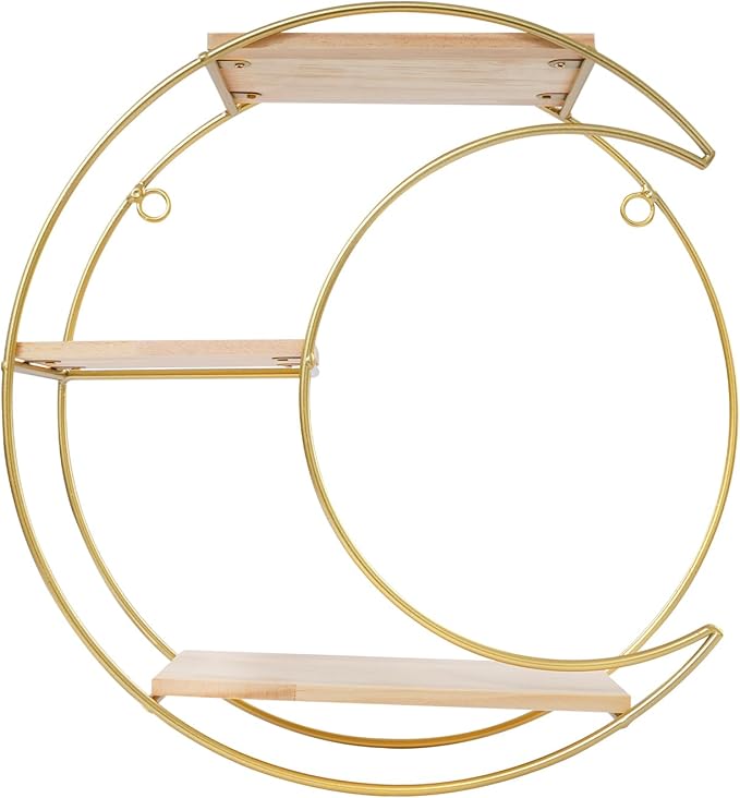 Floating Shelves Wall Mounted, 3-Tier Storage Display Rack Storage Display Rack Metal Wall Mount Display Organizer Holder for Home Decor,Gold (1, Round+ Moon)