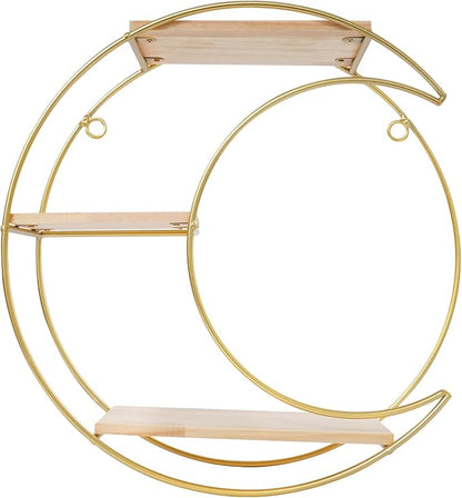 Floating Shelves Wall Mounted, 3-Tier Storage Display Rack Storage Display Rack Metal Wall Mount Display Organizer Holder for Home Decor,Gold (1, Round+ Moon)