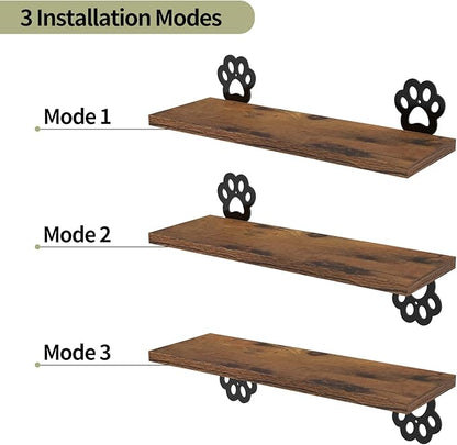 Lavezee Paw Prints Wall Decor Floating Shelves Set of 3, Cute Rustic Wooden Shelf Decorative Living Room, Bedroom, Bathroom, Log Cabin Shelving Wall Mounted